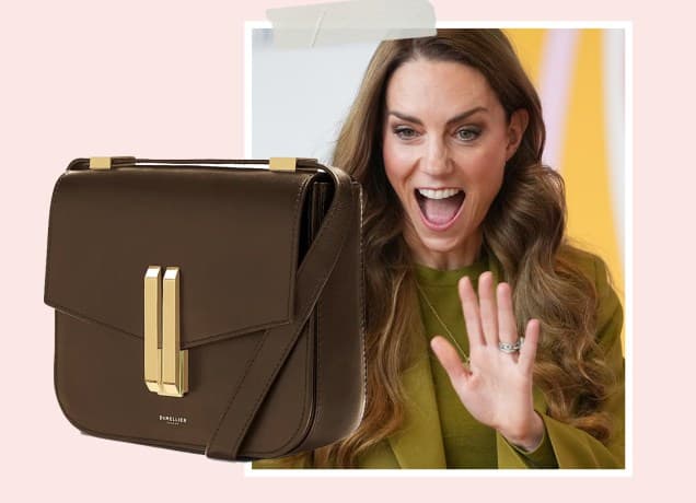 Collage of Kate Middleton and her favorite DeMellier Vancouver Bag