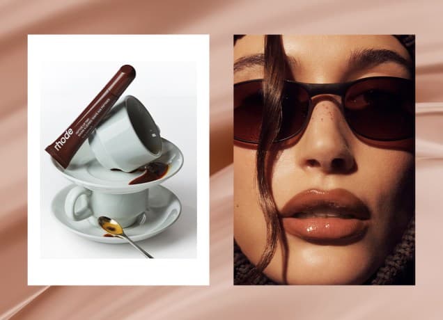 rhode-peptide-lip-tint-review: hailey bieber wearing the rhode peptide lip tint in espresso