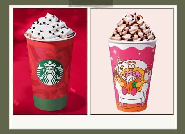 starbucks vs dunkin peppermint mocha review: starbucks peppermint mocha and dunkin' peppermint mocha, side by side