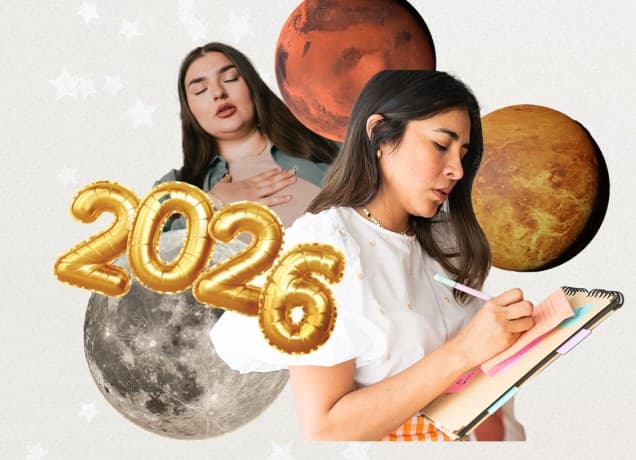 Collage of planets and 2026 balloons for things zodiac signs should do before new year