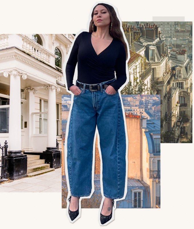 How to Wear Barrel Jeans as Petite: Editor Stephanie Maida in black top and barrel jeans