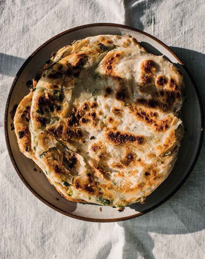 traditional chinese new year foods: plate of scallion pancakes