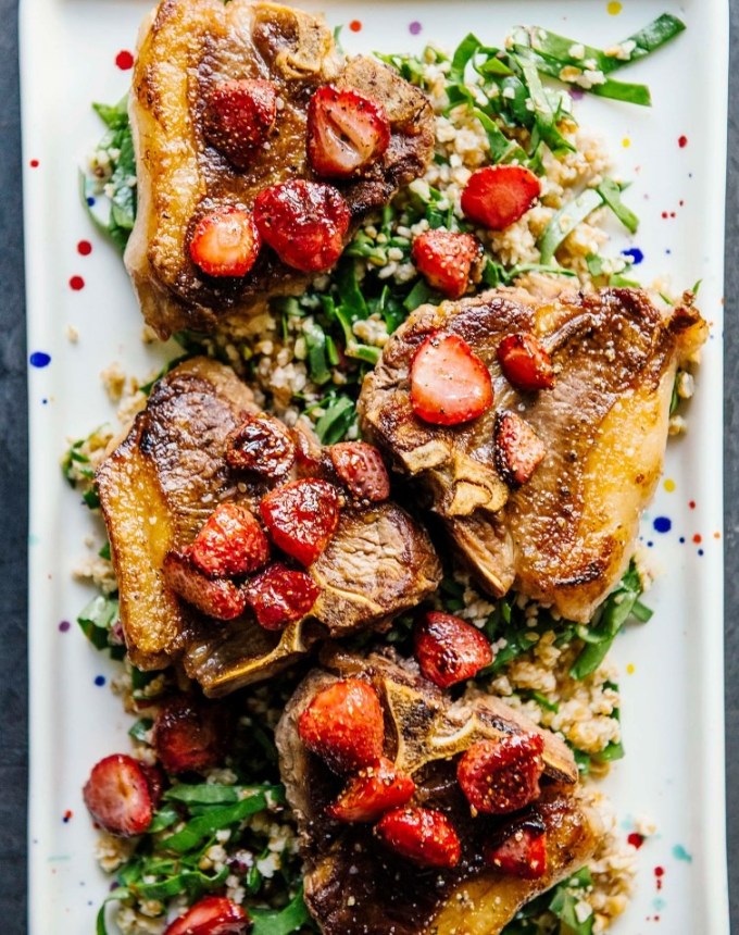 easy dinner party recipes: lamb chops with buckwheat and black pepper strawberries