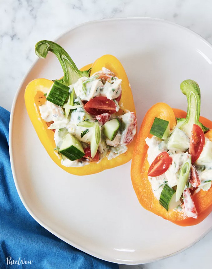 toddler dinner ideas: greek yogurt chicken salad-stuffed peppers