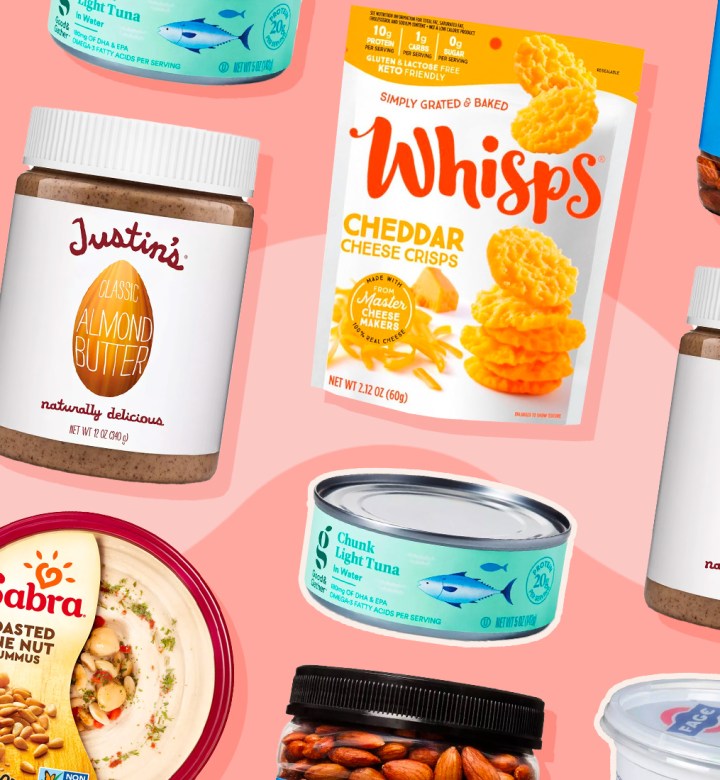 healthy protein snacks: collage of high-protein snacks