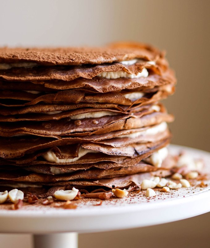 high-protein desserts: chocolate-peanut crepe cake