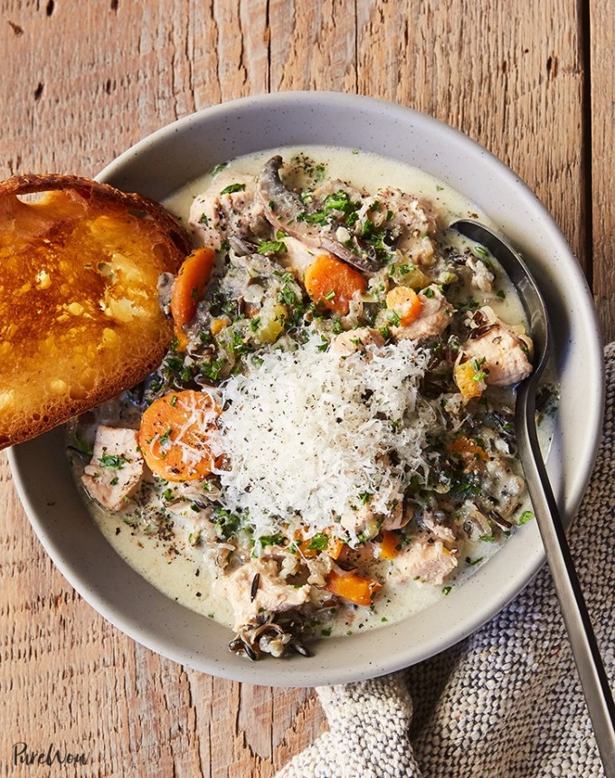 high protein soups: slow cooker chicken and wild rice soup