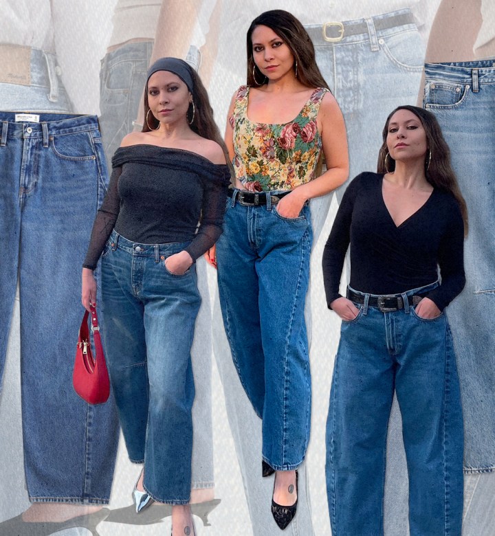 How to Wear Barrel Jeans as a Petite: Editor Stephanie Maida wearing barrel jeans three ways, collage
