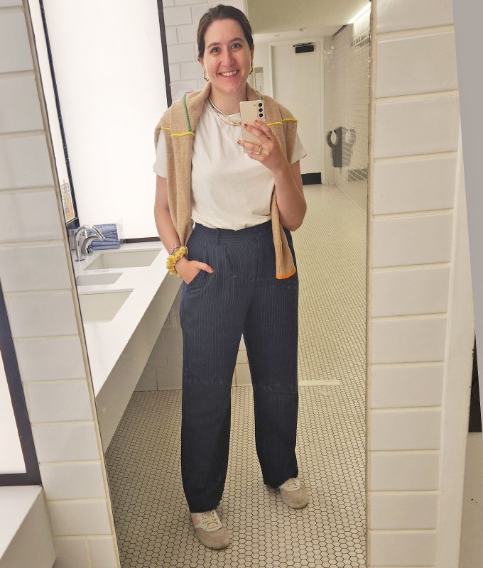 most comfortable pants: editor wearing A + F pants
