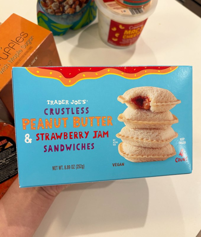 new trader joe's items reviewed september 2025: crustless peanut butter and strawberry jam sandwiches