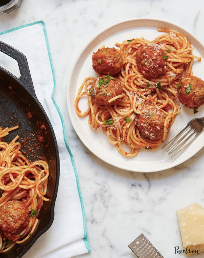 toddler dinner ideas: one-pan spaghetti and meatballs