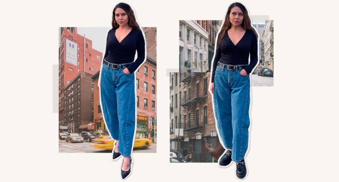 How to Wear Barrel Jeans as a Petite: Editor Stephanie Maida in black top and barrel jeans comparing pointed toe shoes to loafers