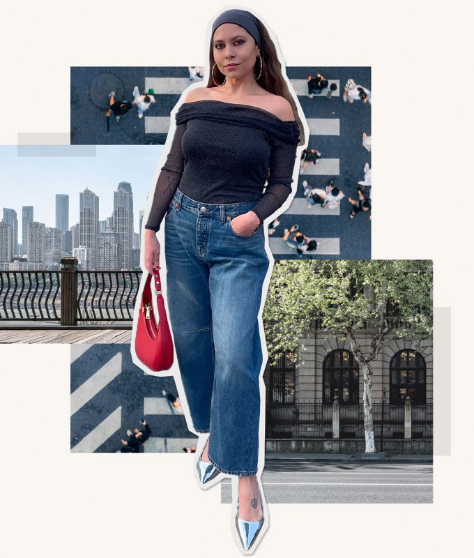 How to Wear Barrel Jeans as a Petite: Editor Stephanie Maida in off-the-shoulder top and barrel jeans