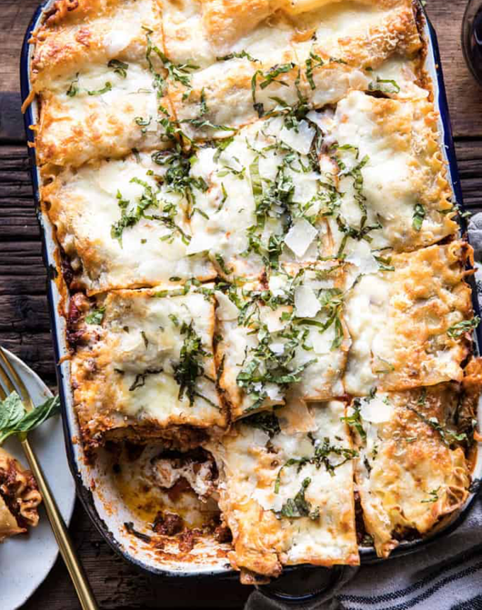 easy dinner party recipes: pesto bolognese lasagna