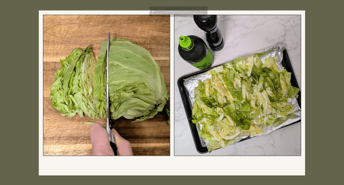 cabbage being chopped into ribbons for "pasta"