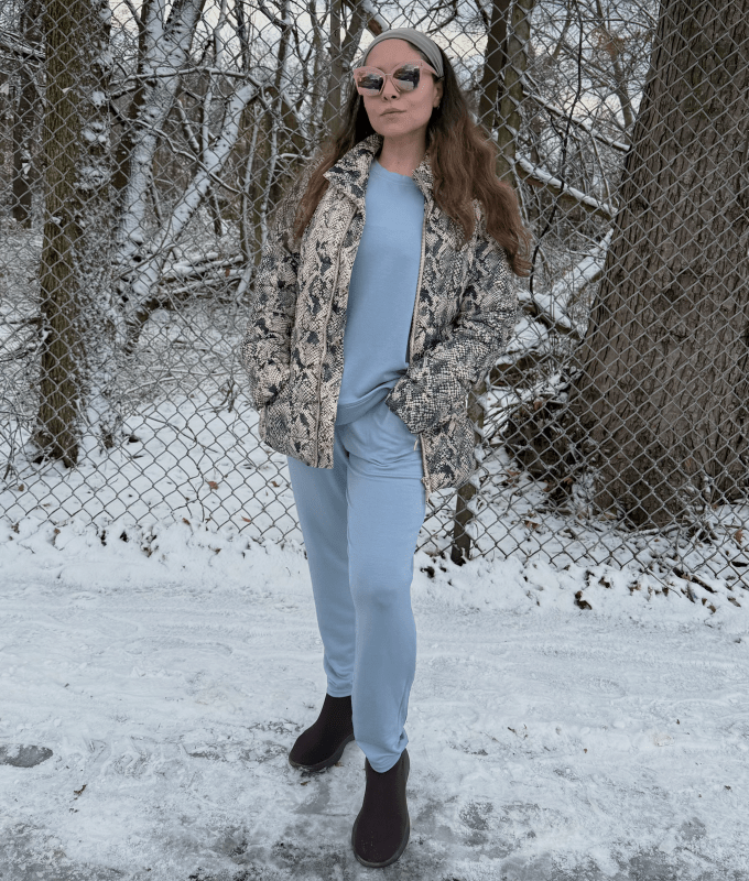 Lou & Grey Lounge Set Review: Original photo of Stephanie Maida in light blue set in the snow