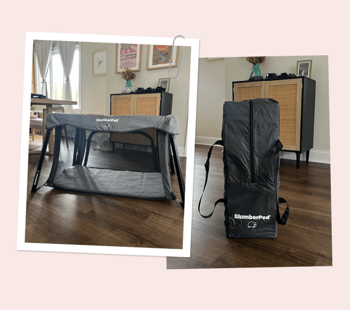 slumbergo travel crib open and in backpack
