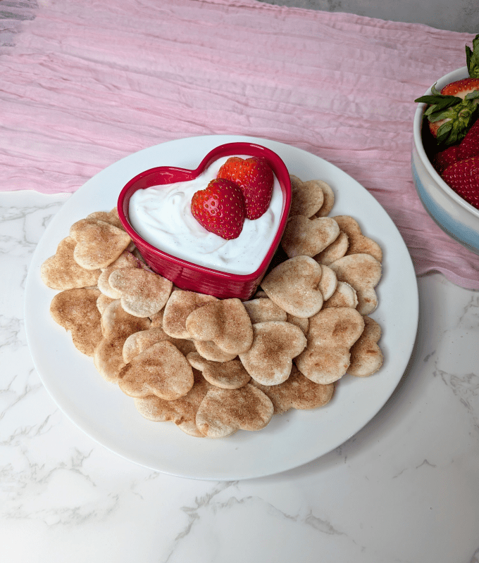 cinnamon sugar chips with strawberry hearts